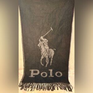 Polo Ralph Lauren Oversize Wool Blend Pony Logo Fringed Scarf in black and grey